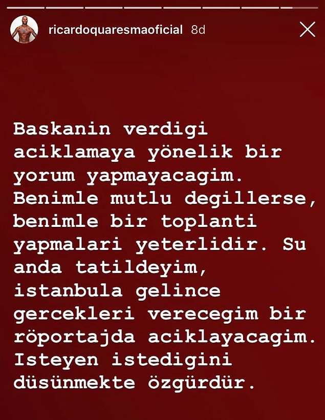 Beşiktaş'ın Portekizli yıldızı Ricardo Quaresma, Beşiktaş Başkanı Fikret Orman'ın hakkında yaptığı 'Gönderin gitsin' açıklamalarına cevap vererek, "Benimle mutlu değillerse, benimle bir toplantı yapmaları yeterlidir" dedi.