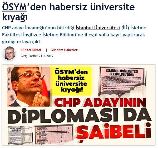 Sabah gazetesinden Kenan Kıran, 'ÖSYM'den habersiz üniversite kıyağı' başlıklı yazısında, İmamoğlu'nun İstanbul Üniversitesi'ne yaptığı yatay geçişin usulsüz olduğunu iddia etti.
