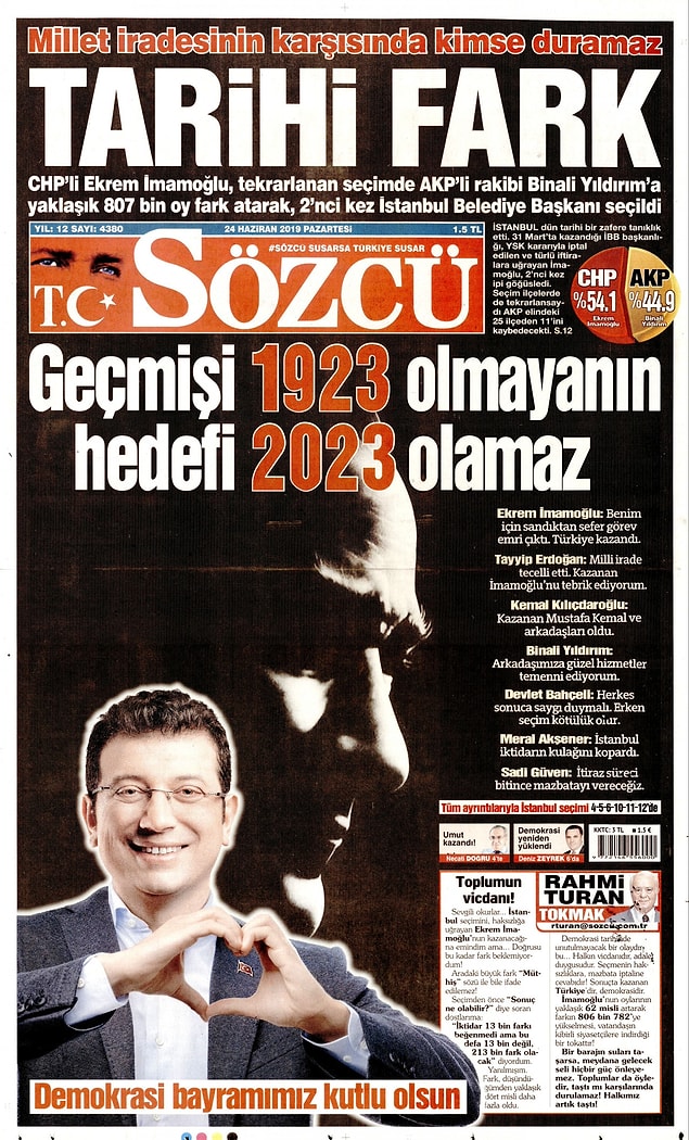 Sözcü gazetesi "Tarihi Fark" dedi ve ekledi: "Geçmişi 1923 olmayanın hedefi 2023 olamaz"