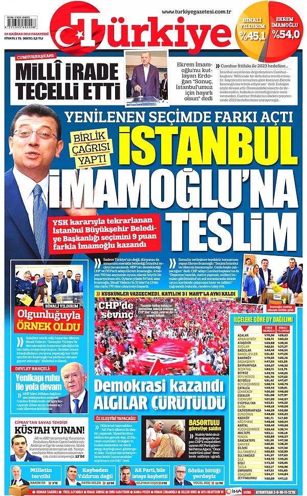 Türkiye gazetesi "İstanbul İmamoğlu'na Teslim" dedi ve farkın 9 puan olduğunun altını çizdi.