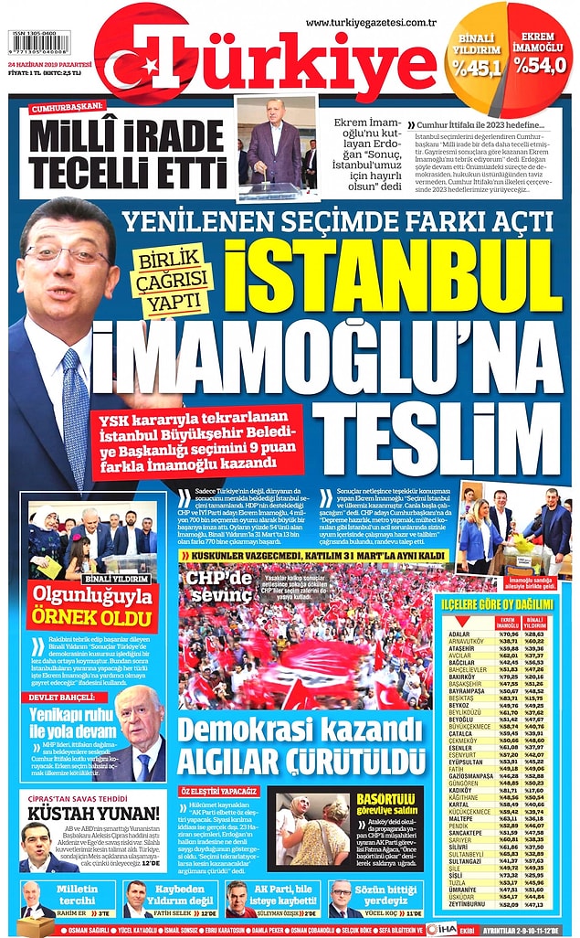 Türkiye gazetesi "İstanbul İmamoğlu'na Teslim" dedi ve farkın 9 puan olduğunun altını çizdi.