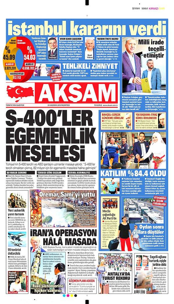 Akşam gazetesi Türkiye'nin gündemindeki İstanbul seçimini manşete taşımadı, sürmanşetten yer verdi.