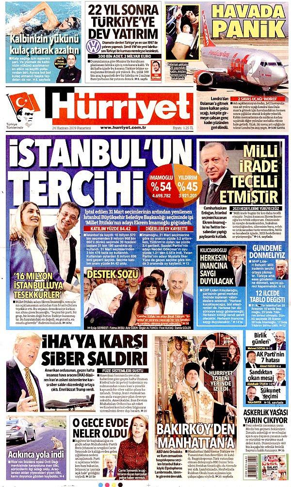 Bir dönem Türk basının "amiral gemisi" olarak adlandırılan Hürriyet "İstanbul'un Tercihi" manşetini attı.