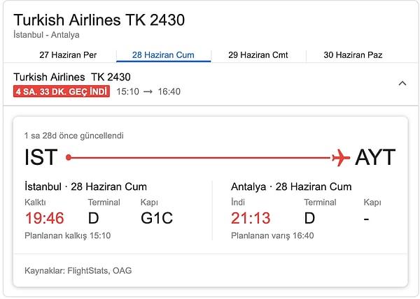 Planlanan kalkış saatinden 4 buçuk saat sonra kalkan uçak, 21:13'te Antalya'ya indi.