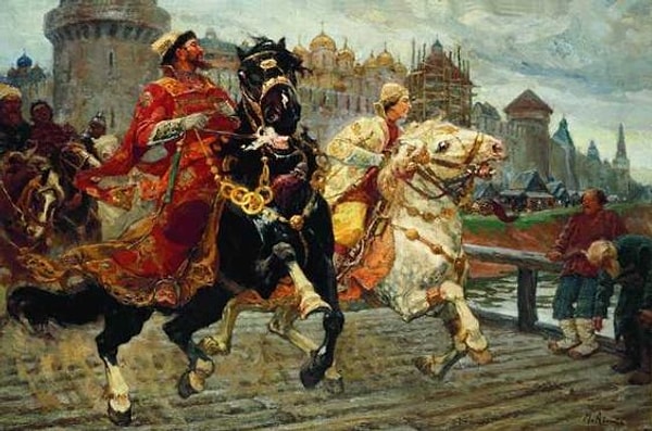 10. Какие предметы, прикреплённые к седлу, служили внешним отличием опричников?