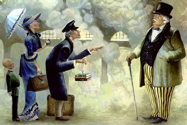 5. На вокзале Николаевской железной дороги встретились два приятеля: один толстый, другой тонкий. Толстый только что пообедал на вокзале, и губы его, подернутые маслом, лоснились, как спелые вишни.