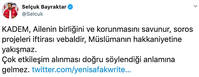 KADEM Başkan Yardımcısı Sümeyye Erdoğan Bayraktar'ın eşi Selçuk Bayraktar da eleştirilere tepki gösterdi.