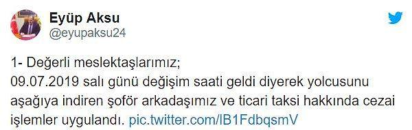 İstanbul Taksiciler Esnaf Odası Başkanı Eyüp Aksu da taksi sürücüsü hakkında verilen kararları Twitter hesabından duyurdu: