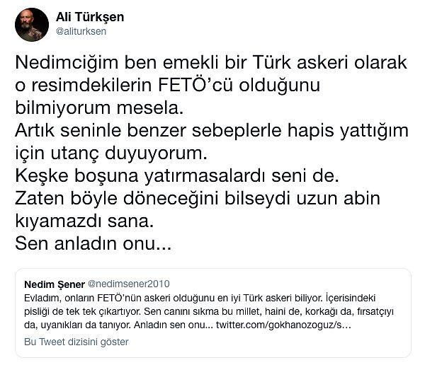 Ve ardından işin içine Kardak krizinde başrolde olan emekli Kurmay Albay Ali Türkşen girdi ve Gökhan Özoğuz'u savunarak Nedim Şener'e görsellerin neden rahatsız edici olduğunu kendi dilince anlattı.