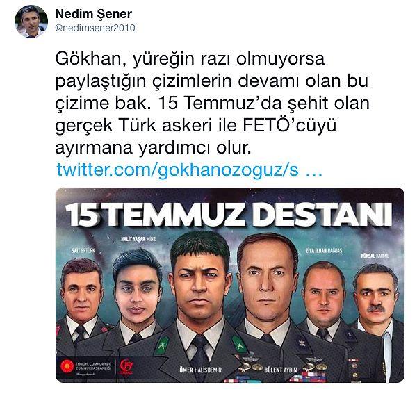 15 Temmuz gecesi kahramanca şehit olan Ömer Halisdemir, Bülent Aydın, Ziya İlhan Dağdaş, Köksal Karmil, Halit Yaşar Mine ve Sait Ertürk'ün çizimini de paylaştı.