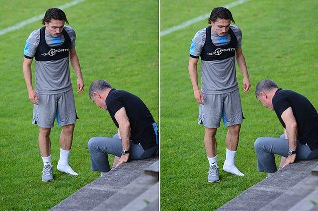 Antrenmanın son bölümünde yapılan hafif tempolu koşu öncesi Abdülkadir Ömür'ün ayağını giydiği spor ayakkabı vurunca başkan Ahmet Ağaoğlu, "Ayağın kaç numara" diye sordu.