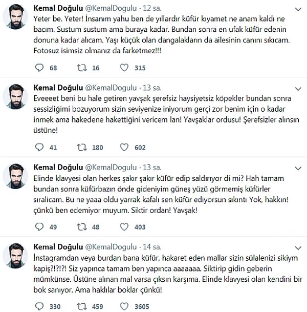 3. Kemal Doğulu'nun kendisine küfür edenler ve ağır eleştirinlere Twitter üzerinden cevap vermesi.