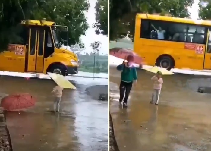 Okuldan Dönen Abisi Islanmasın Diye Şemsiyeyle Bekleyen Ufaklık