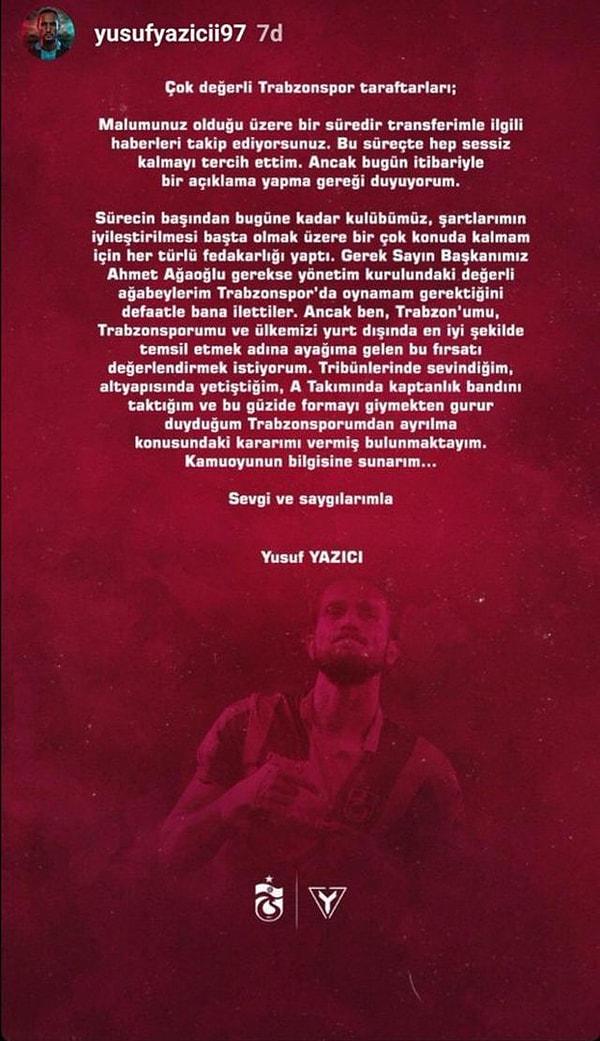 Yaşanan gelişmeler sonrası Yusuf Yazıcı da kendi Instagram hesabından bir veda mesajı yayınladı.