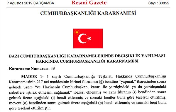 Cumhurbaşkanlığı Teşkilatı hakkındaki cumhurbaşkanlığı kararnamesinin 217. maddesi, Hazine ve Maliye Bakanlığı'nın görev ve yetkilerini düzenliyor.