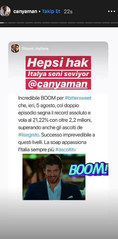 Can Yaman ise storylerinde, dizinin final bölümü için açılan hashtag #ErkenciKusVeda'nın Twitter'da birçok ülkede trendlere girmesini paylaştı.