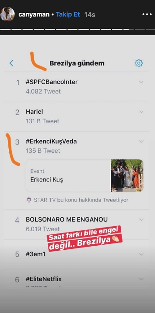Can Yaman ise storylerinde, dizinin final bölümü için açılan hashtag #ErkenciKusVeda'nın Twitter'da birçok ülkede trendlere girmesini paylaştı.