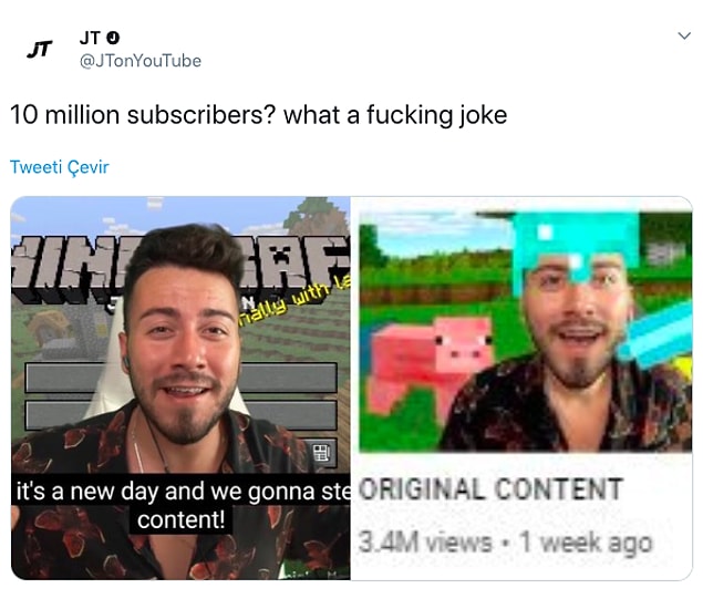 JTonYouTube, 10 milyon takipçiye de şaşırıyor ve iddialarını biraz dalga geçerek süslüyor.