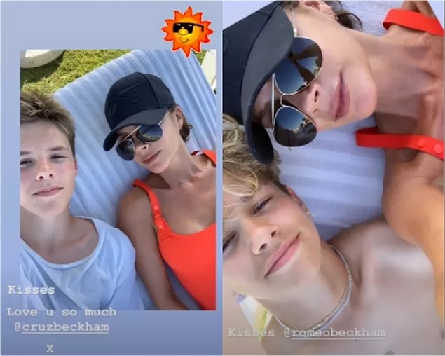 Victoria Beckham, oğulları Cruz ve Romeo ile poz veriyor. 🌞