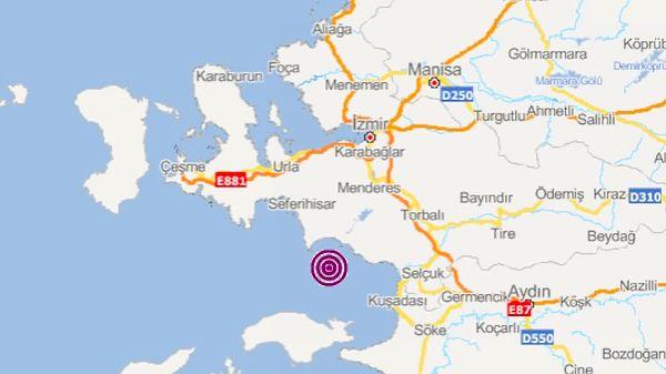 Bugün öğlen saatlerinde, Ege Denizi'nde merkez üssü Kuşadası Körfezi olan 4,8 büyüklüğünde bir deprem meydana geldi.