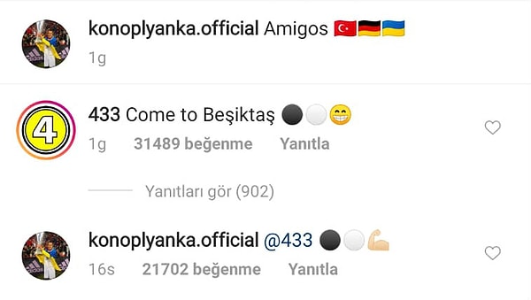 Üstelik işin içine popüler futbol hesabı 433 de girdi. Sayfanın Türk yöneticisi de 'Come to Beşiktaş' yazdı,  Konoplyanka siyah beyaz simgeler ile cevap verdi!