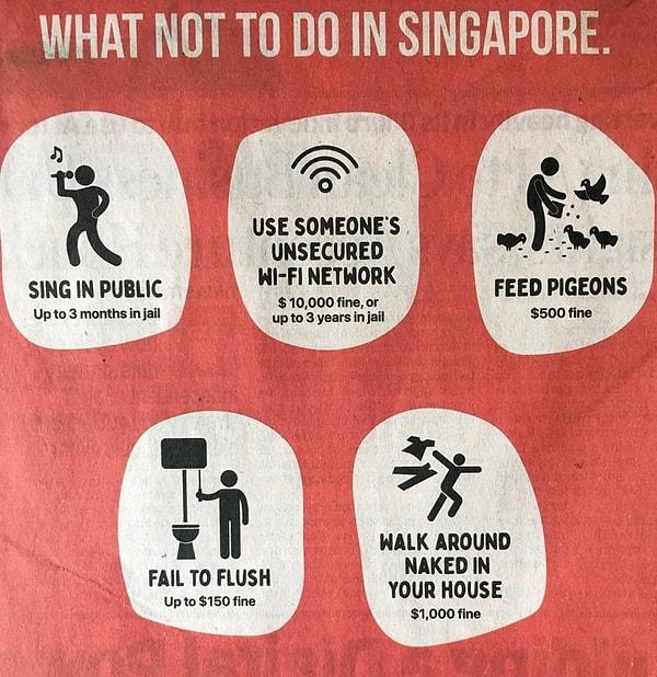 24. Singapur'da bir gazetede yer alan yasaklar ve cezalar listesi;