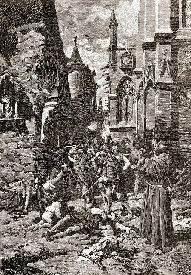 1572 - Fransa'da katolikler, Kral IX. Charles'ın emriyle, silahsız ve savunmasız Protestanlara saldırarak onbinlercesini öldürdüler. Olaylar Paris civarında başladı, daha sonra diğer şehirlere de sıçradı. Bu katliam, sonradan Saint Barthelemy Katliamı olarak adlandırılacaktı.