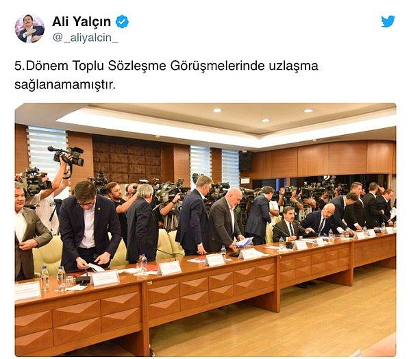 Memur-Sen Genel Başkanı Ali Yalçın, bu sabah Twitter’dan “Beşinci dönem toplu sözleşme görüşmelerinde uzlaşma sağlanamamıştır” mesajını paylaştı.