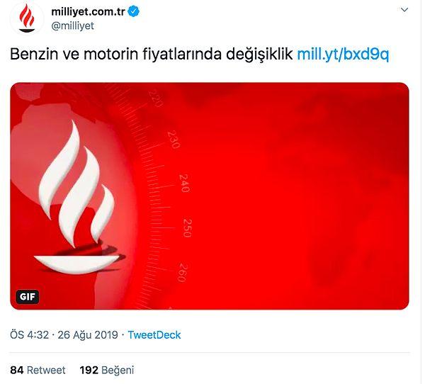 Milliyet'in Twitter hesabının paylaşımında ise zam ifadesi geçmiyor.