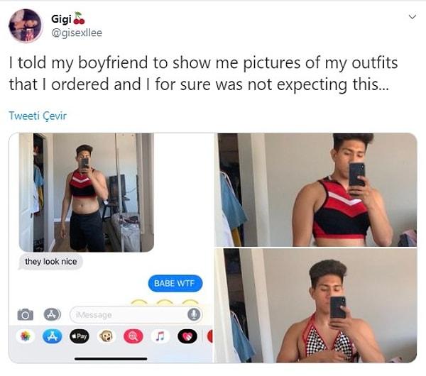 4. "Erkek arkadaşımdan sipariş ettiğim kıyafetlerin fotoğraflarını istedim ve kesinlikle böyle bir şey beklemiyordum..."