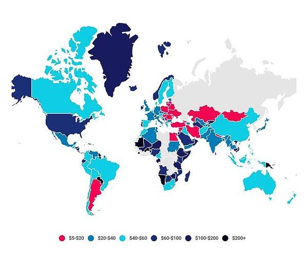 Aşağıdaki resimde ise, internete ödenen ortalama ücretin dünyadaki dağılımını görüyorsunuz. Türkiye, ayda 5-20 dolar arası internet ödemesiyle birlikte en ucuz ülkelerden bir tanesi olarak gözüküyor.