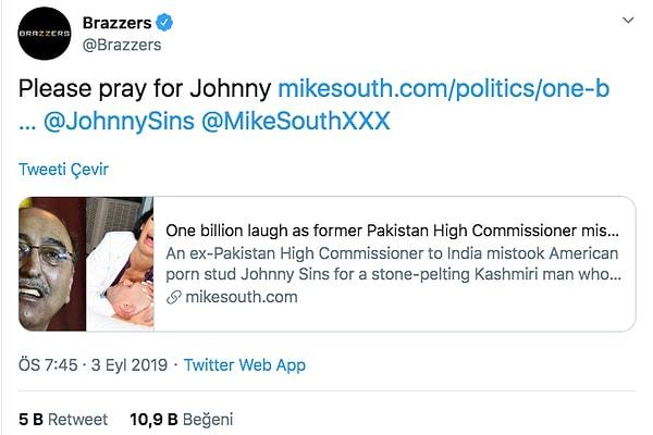 Filmin yapımcısı Brazzers da "Lütfen Johnny için dua edin" tweetiyle eski diplomata göndermesini yaptı.