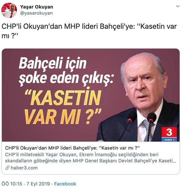 Eski bakan Yaşar Okuyan, Twitter'da 'Bahçeli için şoke eden çıkış: Kasetin var mı?' başlıklı bir haber paylaştı.