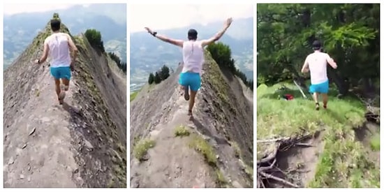 Adrenalin Seviyeniz Yükselecek! İki Tarafı Uçurum Olan Dağın Tepesinde Koşuya Çıkan Çılgınlar
