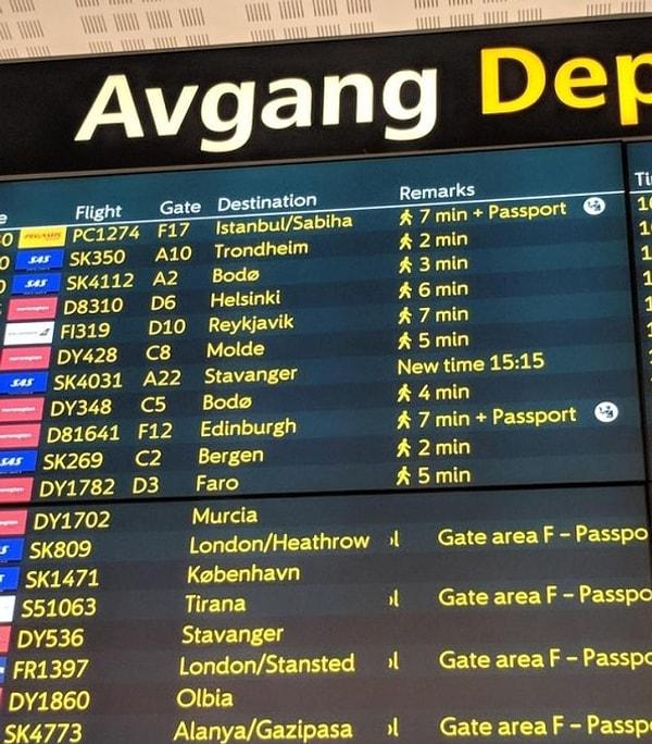 1. Oslo Havaalanı'ndaki bu tabelada uçağın kalkacağı kapıya yürüyerek kaç dk süreceği gösteriliyor