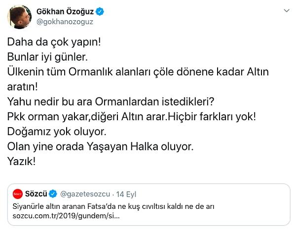 Gökhan Özoğuz, Twitter hesabından yaptığı paylaşımla takipçilerine seyirci kalmamaları gerektiğini aktarırken "Yazık" dedi.