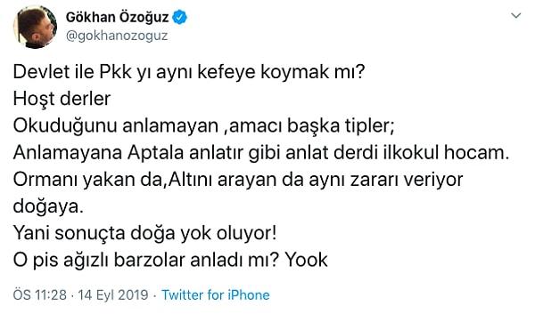 Gökhan Özoğuz'un yazdıkları pek çok kesimden beğeni alırken, "PKK orman yakar, diğeri altın arar" sözleri devletle terör örgütünü aynı kefeye koymak şeklinde yanlış anlaşıldı.