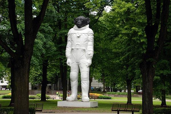 9. Uzaya ilk gönderilen hayvanlardan biri olan maymun Albert'ın heykeli. Uzayın keşfine hayvanların katkıda bulunması adına yapılmış heykel Riga'daki Kronvalda Park'ta.