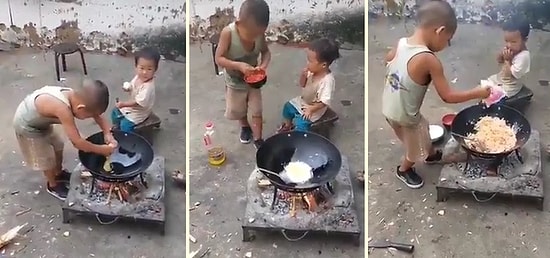 Minik Kardeşi İçin Kendi Elleriyle Yemek Hazırlayan Ufaklık!