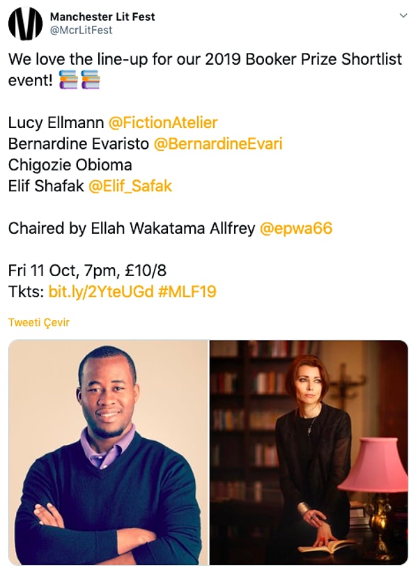 Hatta aşağıda da gördüğünüz gibi Manchester Edebiyat Festivali'nin Twitter hesabından Elif Şafak'ın etkinlikte yer alacağı belirtilmiş.