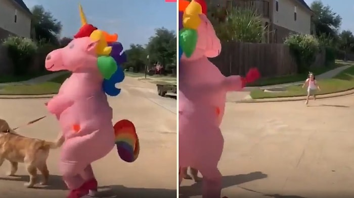 Okuldan Dönen Kızını Unicorn Kıyafeti İçinde Dans Ederek Karşılayan Mükemmel Anne!