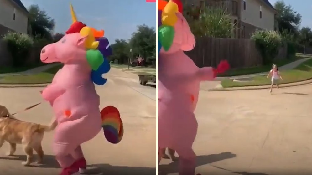 Okuldan Dönen Kızını Unicorn Kıyafeti İçinde Dans Ederek Karşılayan Mükemmel Anne!