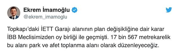 İBB Başkanı İmamoğlu . sosyal medya üzerinden tarihi İETT garajının park ve afet toplanma alanı olacağını açıkladı.