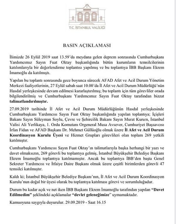 İmamoğlu'nun açıklamaları ardından İstanbul Valiliği'nden yeni bir bir yazılı açıklama yapıldı. 👇