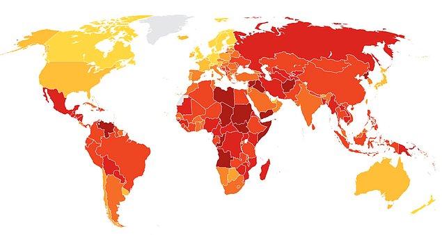 Aşağıdaki harita Dünya Şeffaflık Derneği'nin yaptığı araştırma insanların belli politik konularda doğruyu söyleme oranlarıyla ilgili.