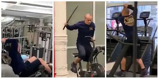 Spor Salonunda Sanki Savaşa Gidecekmiş Gibi Kılıçla Antrenman Yapan İlginç Adam