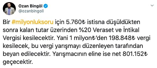 Vergi uzmanı Ozan Bingöl, Arda'nın eline geçecek olan paranın ne kadar olduğunu kendi Twitter hesabı üzerinden şöyle açıklıyor: