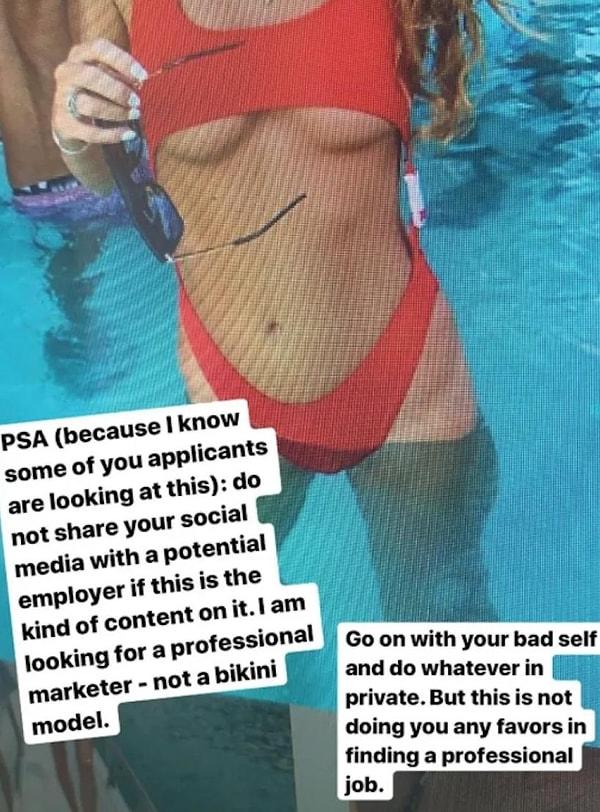 Şirket hesabı, genç kadının sayfasındaki bikinili fotoğraflardan birini izinsiz alıp story olarak paylaştı.