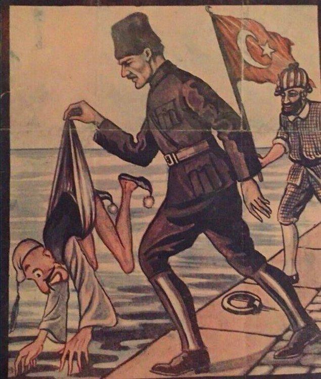 Karagöz Dergisi’nde 1922 yılında yayınlanan, Mustafa Kemal Paşa’nın Yunan askerini denize attığını resmeden bir karikatür