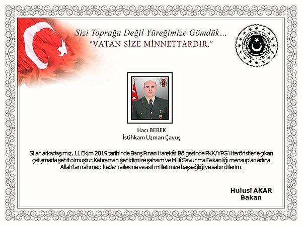 Milli Savunma Bakanı Hulusi Akar, şehit olan asker için başsağlığı mesajı yayımladı